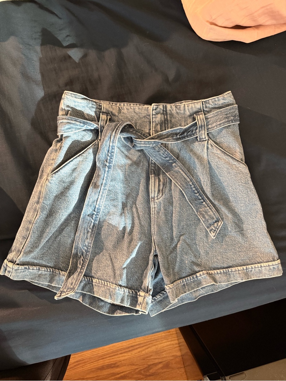 Dynamite Light Blue High-Rise Denim Paperbag Shorts with Tie Belt